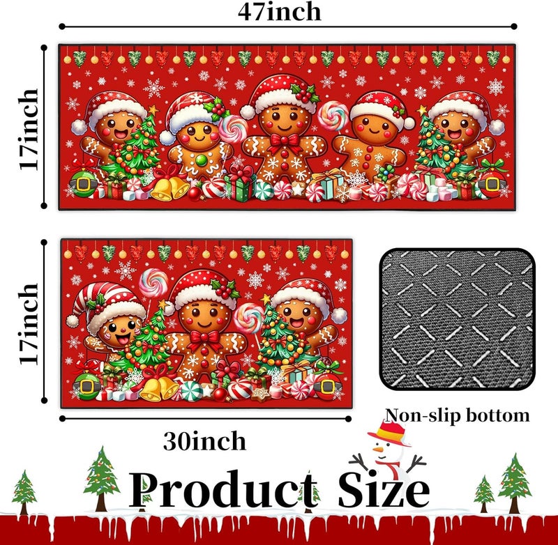 UYDOXCU Merry Christmas Kitchen Rugs and Mats Set of 2, Gingerbread Man Winter Xmas Holiday Home Kitchen Decor Floor Mats, Washable Non-Slip Sink Carpet 17"x47"+17"x30" - Image 2